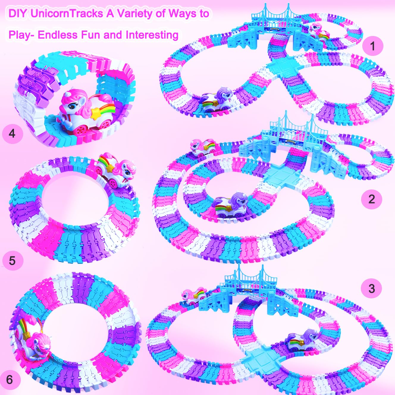 Yomwet Tracks Car Toys Set - 248 PCS Bendable Race Track, Unicorn Car & Pink Train - Large, Pink - Ideal Birthday Gift for Toddler Girls