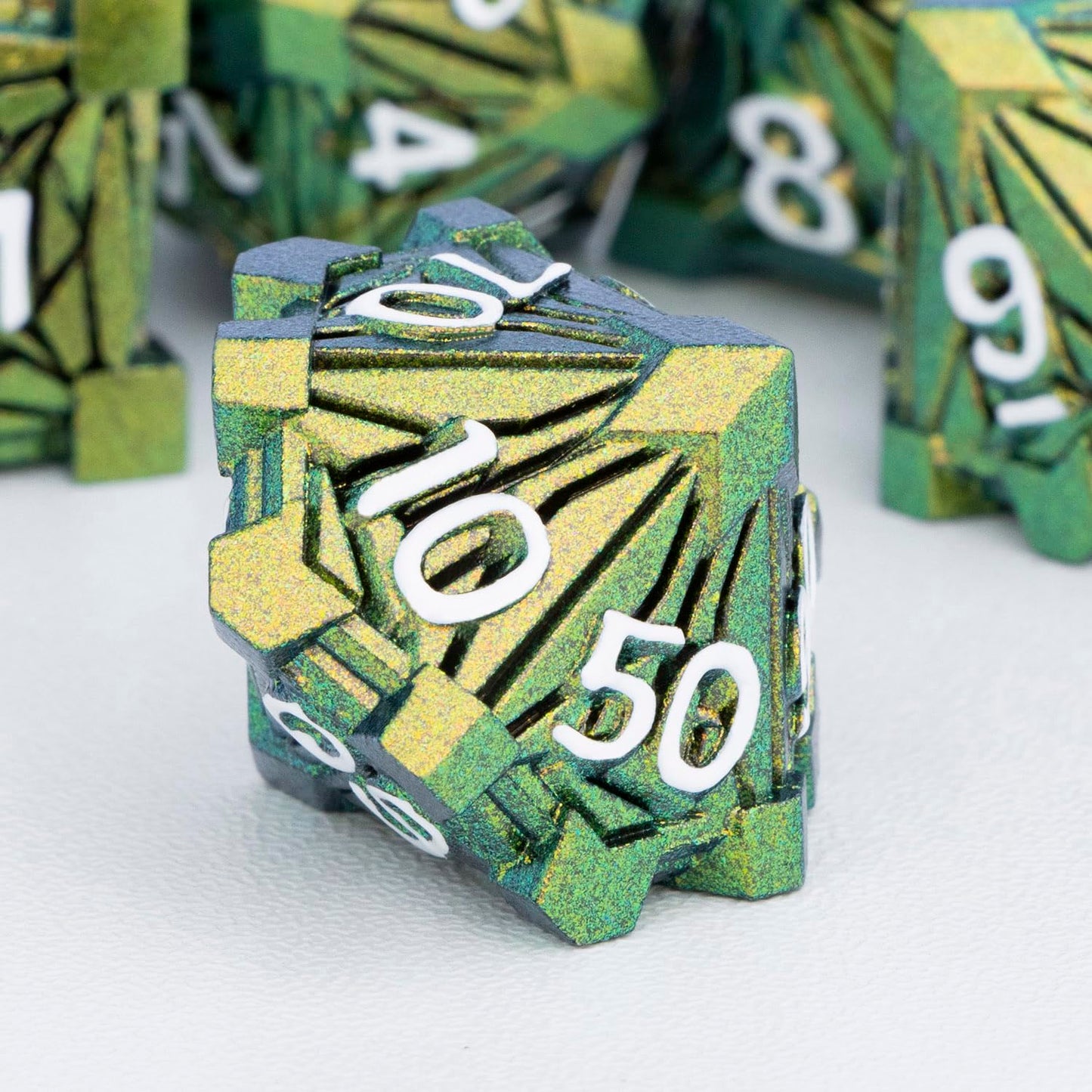 ORIFANTOU 7PCS Metal DND Dice Set with Box, Debris RPG Green Yellow D and D Dice for use with D&D Tabletop Games Role Playing Ga