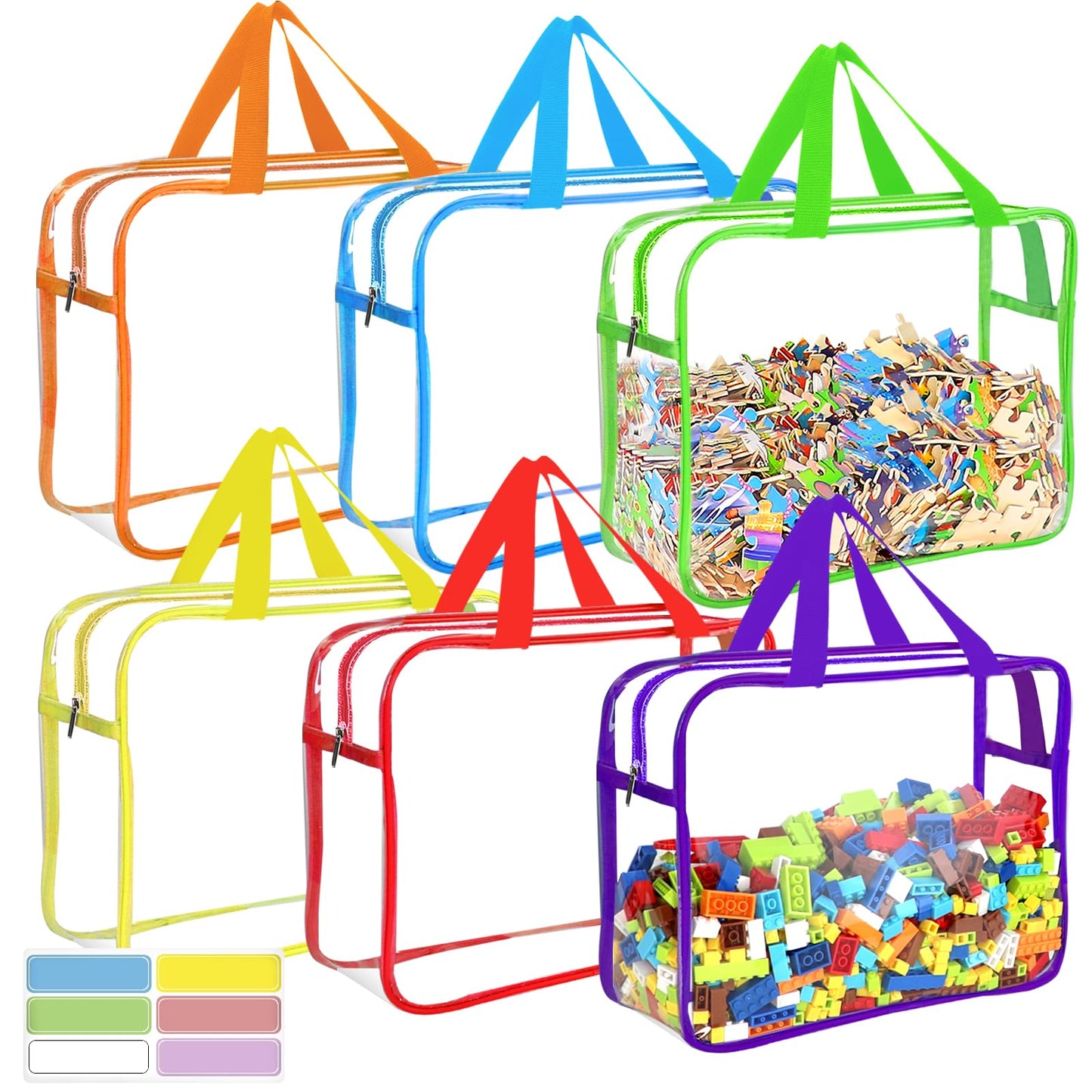 6 Color Large Toy Storage Bags with Labels, Reusable Clear PVC Board Game Storage, Travel Waterproof Organizer Bags with Zipper 