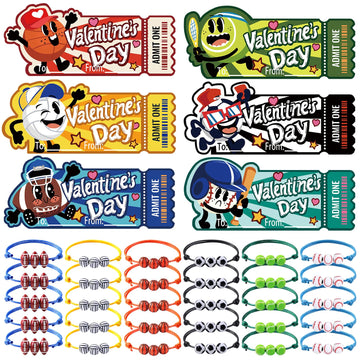 DIYDEC 30Pcs Valentines Sports Bracelets with Cards 6 Styles Soccer Basketball Bracelets for Kids Valentines Party Favors Sports
