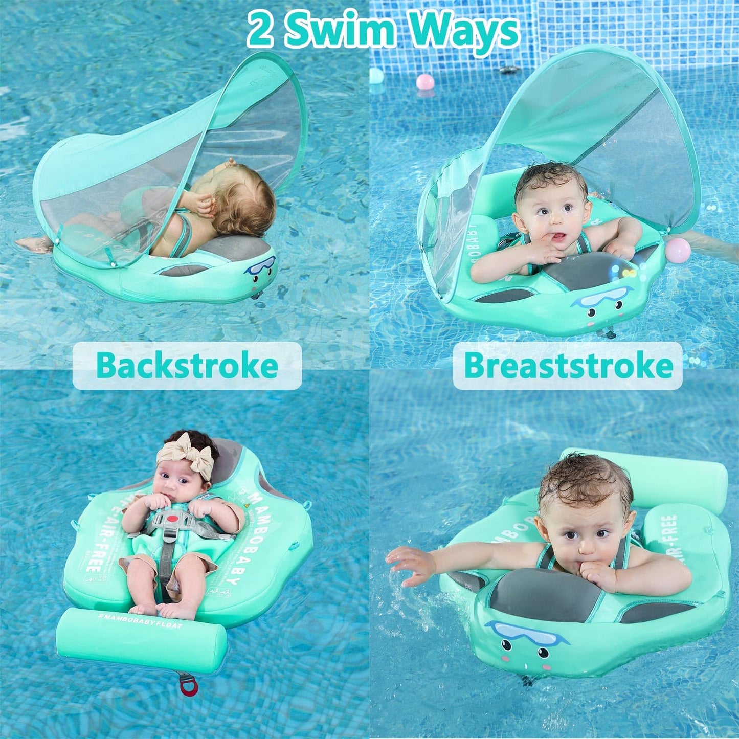 Goldleaf Baby Float with Canopy, Non-Inflatable Waist Swimming Ring, Adjustable Safety Strap, 18"x18", Green, for Infants 3-24 Months