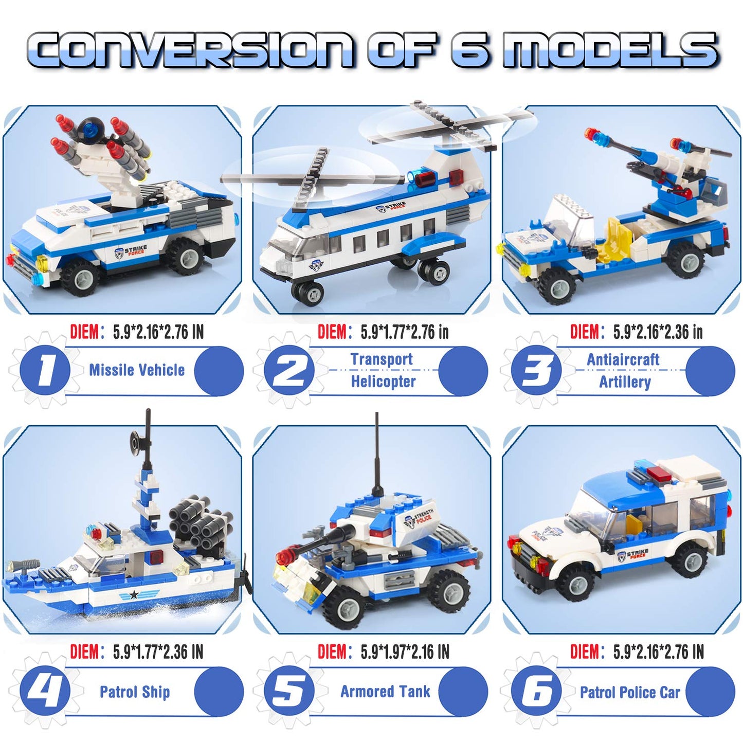 EP EXERCISE N PLAY Police Ship Building Blocks Kit, 1169 Pieces, Large, Blue, Includes Cop Car & Helicopter for Ages 6-12