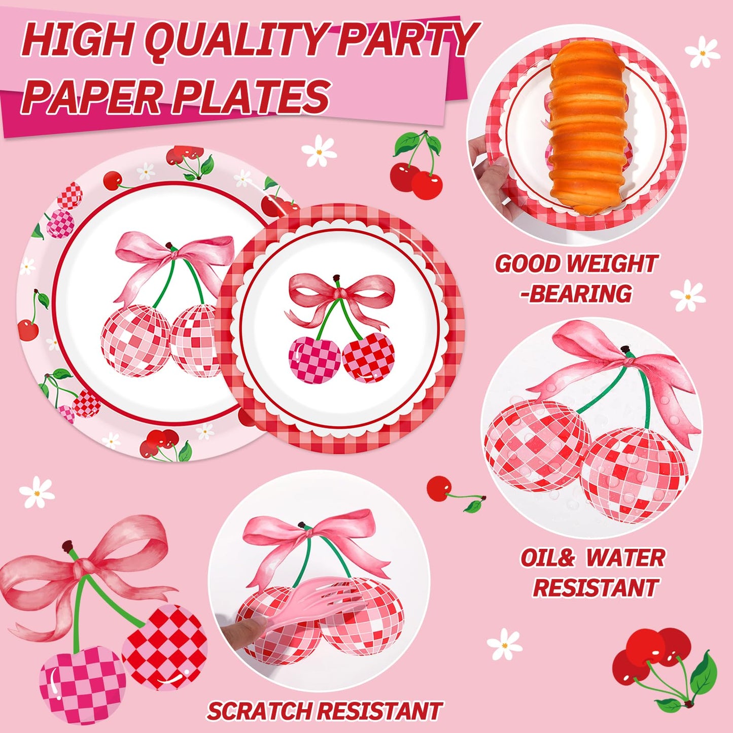 96Pcs Cherries Theme Plates and Napkins Pink Bow Cherry Birthday Party Decoration Disco Ball Disposable Dessert Cake Plates Cher