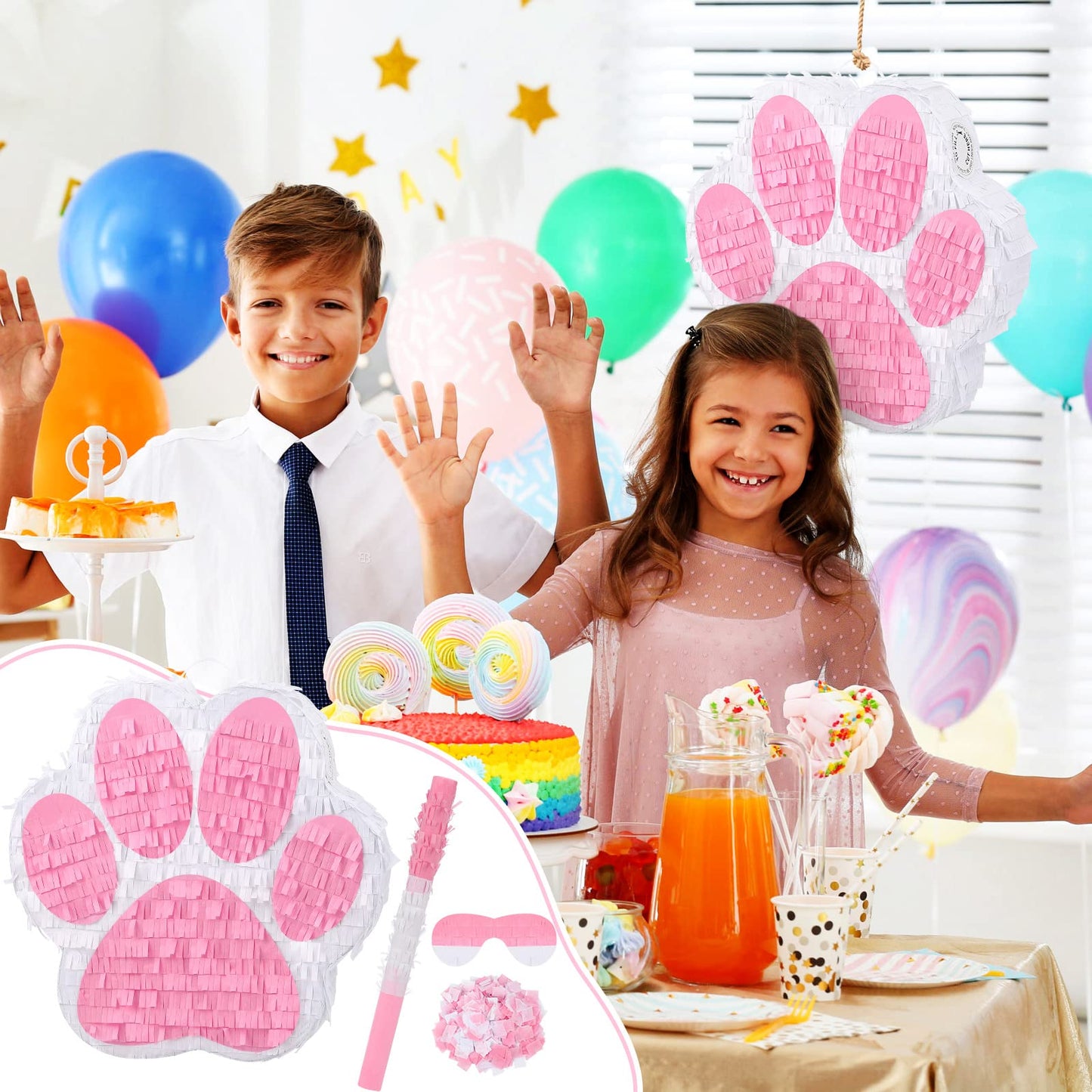 Small Dog Paw Piata Puppy Birthday Party Supplies Animal Themed Birthday Piata with Blindfold Bat Confetti for Pet Cow Themed Pa