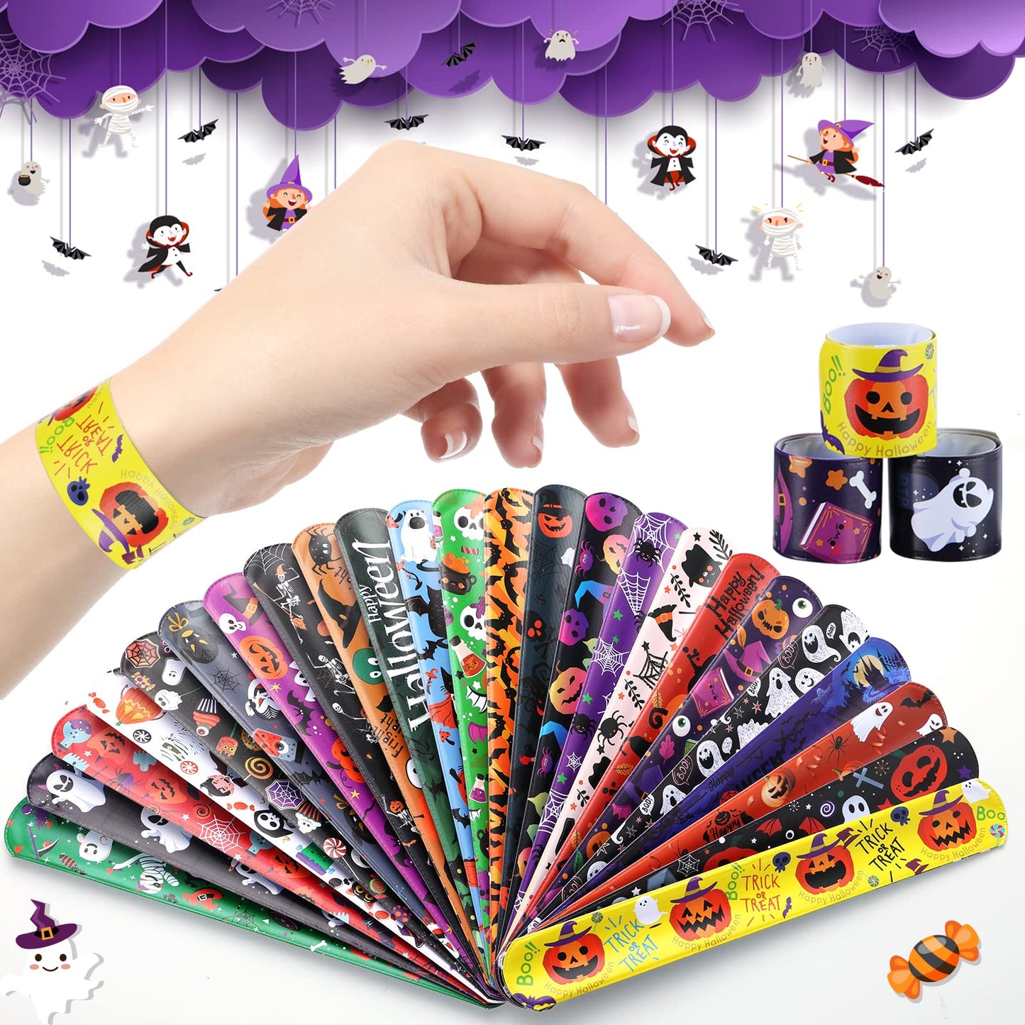 xutengy 48Pcs Halloween Party Favors Decorations Slap Bracelets Rubber Wristbands, Trick or Treat Party Favors, Classroom Prizes