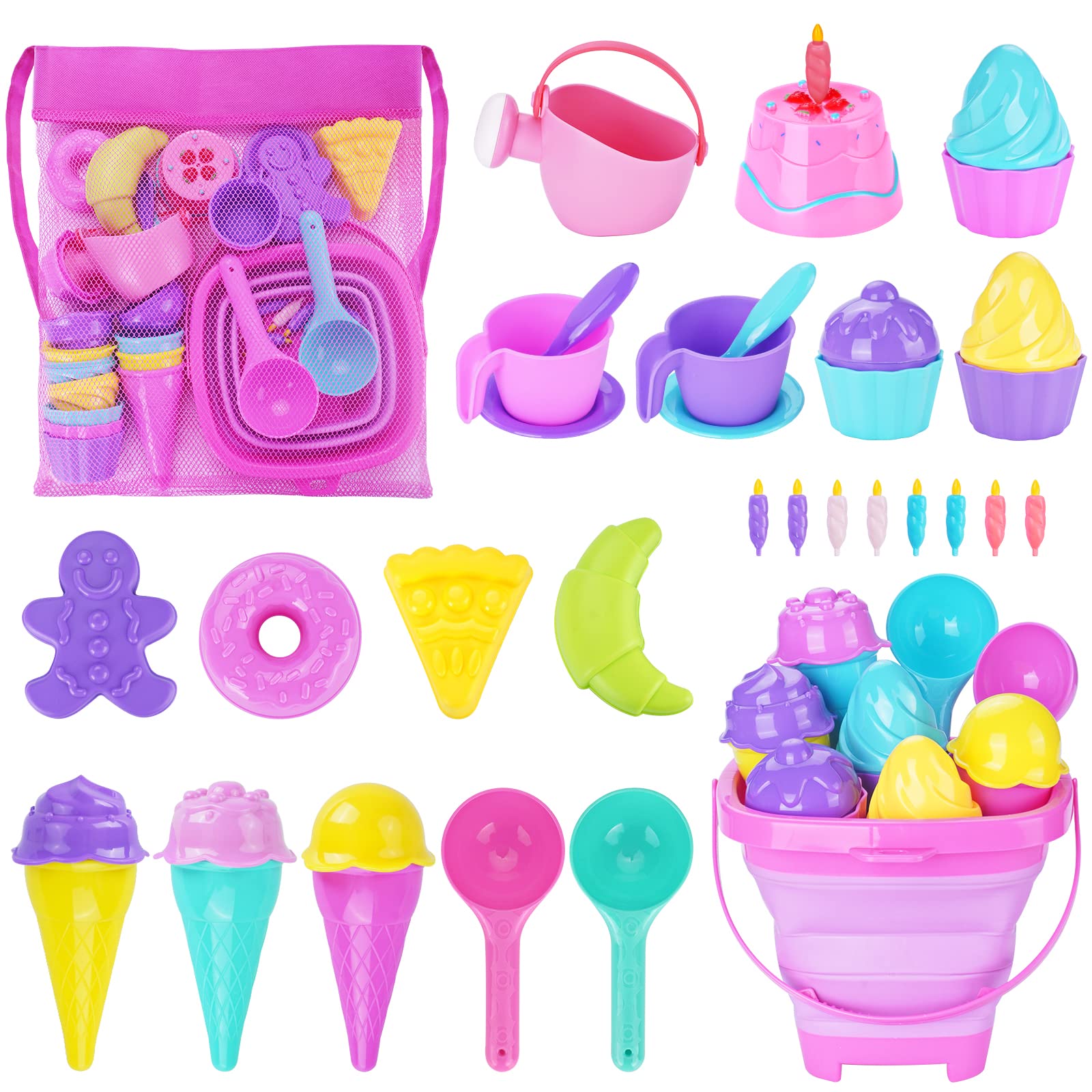 TSDATOWR Ice Cream Beach Toys Sand Toys Set for Kids, Collapsible Sand Bucket and Shovels Set with Mesh Bag, Sand Molds, Waterin