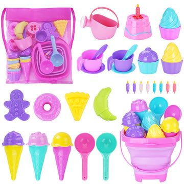 TSDATOWR Ice Cream Beach Toys Sand Toys Set for Kids, Collapsible Sand Bucket and Shovels Set with Mesh Bag, Sand Molds, Waterin
