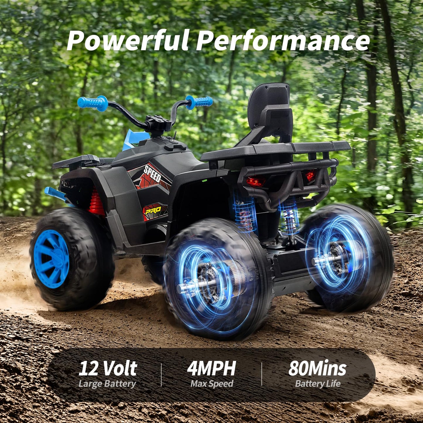Hikiddo 12V Kids 4 Wheeler Atv, 2-Seater Electric Atv Four Wheeler For Big Kids With Bluetooth, 14.4'' Big Wheels - Blue