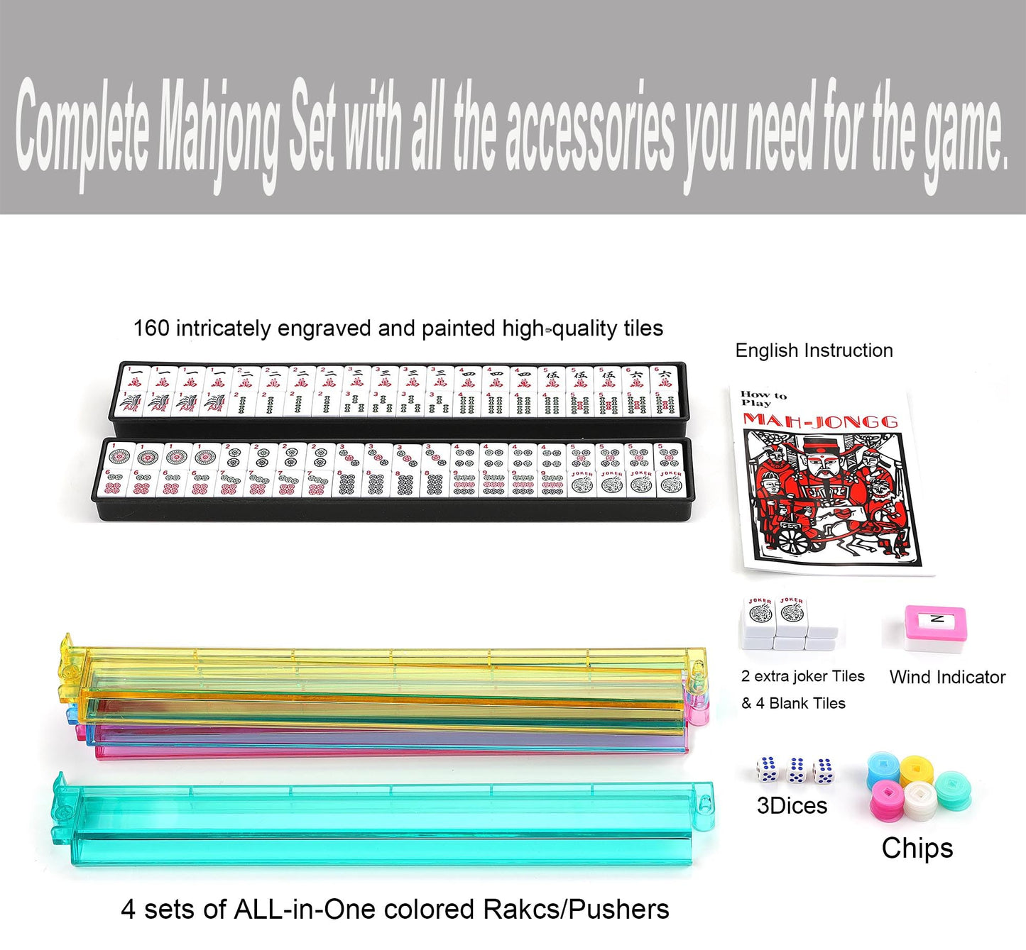 Mose Cafolo American Mahjong Game Set - 166 Premium Melamine Tiles, Red Paisley Bag, Complete Set with Rack, Chips, English Manual