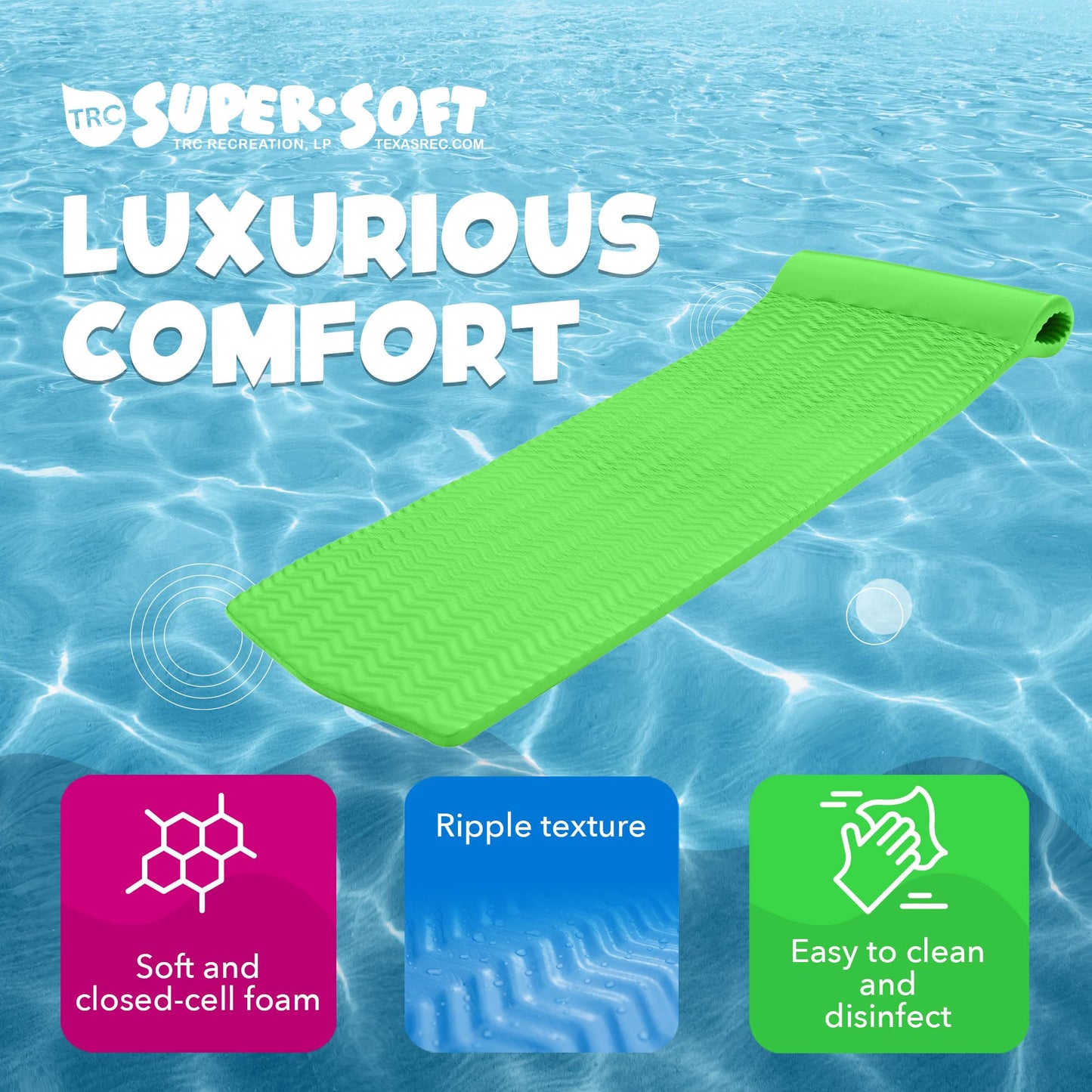 TRC Recreation Serenity 1.5  Thick Vinyl Coated Foam Swimming Pool Float Mat mature-themed Lounger with Built-in Roll Pillow  Fierce Green