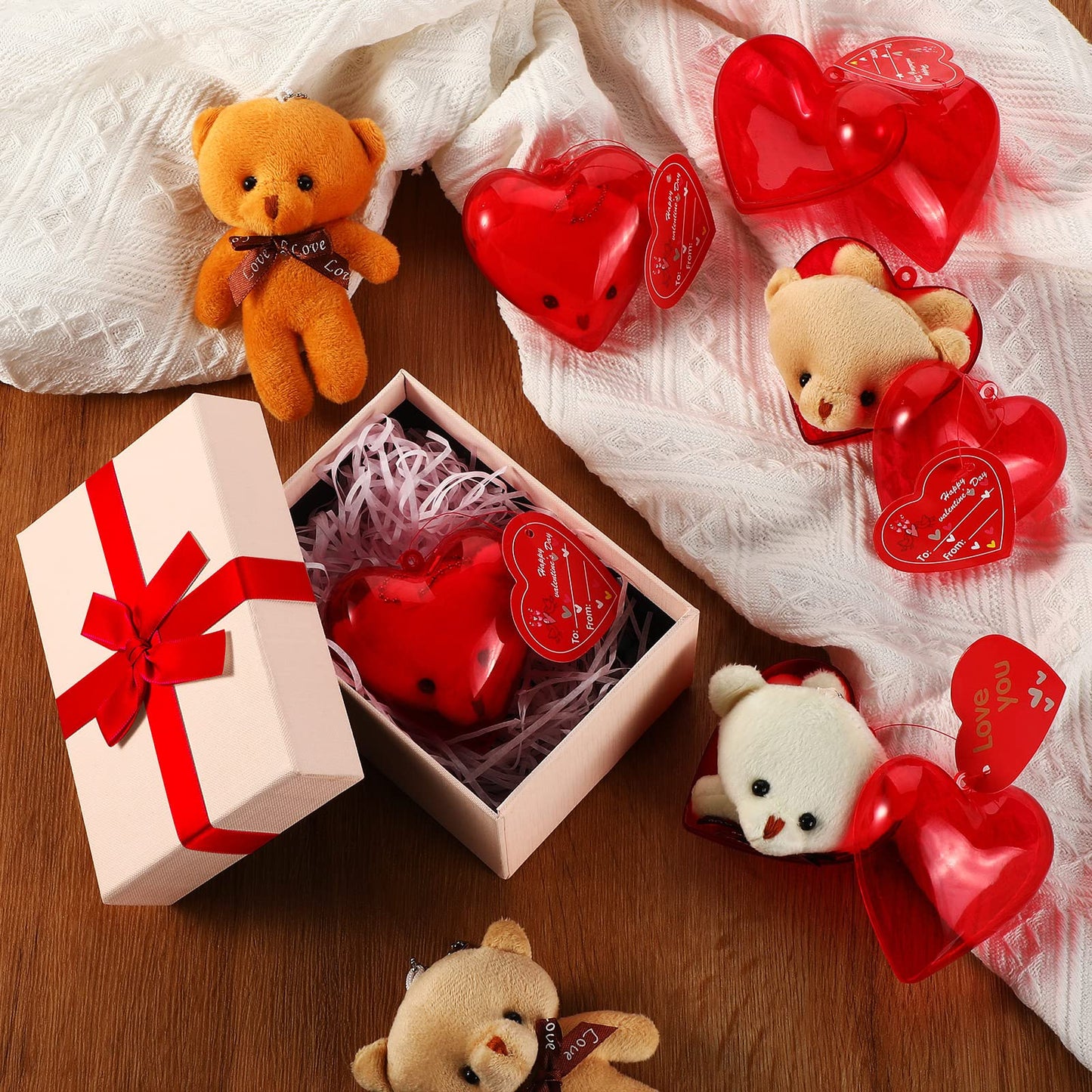 Civaner 48 Pcs Valentine Mini Bear Stuffed Plush Animal Keychain Decoration Heart Box With Valentines Cards For Classroom Exchan