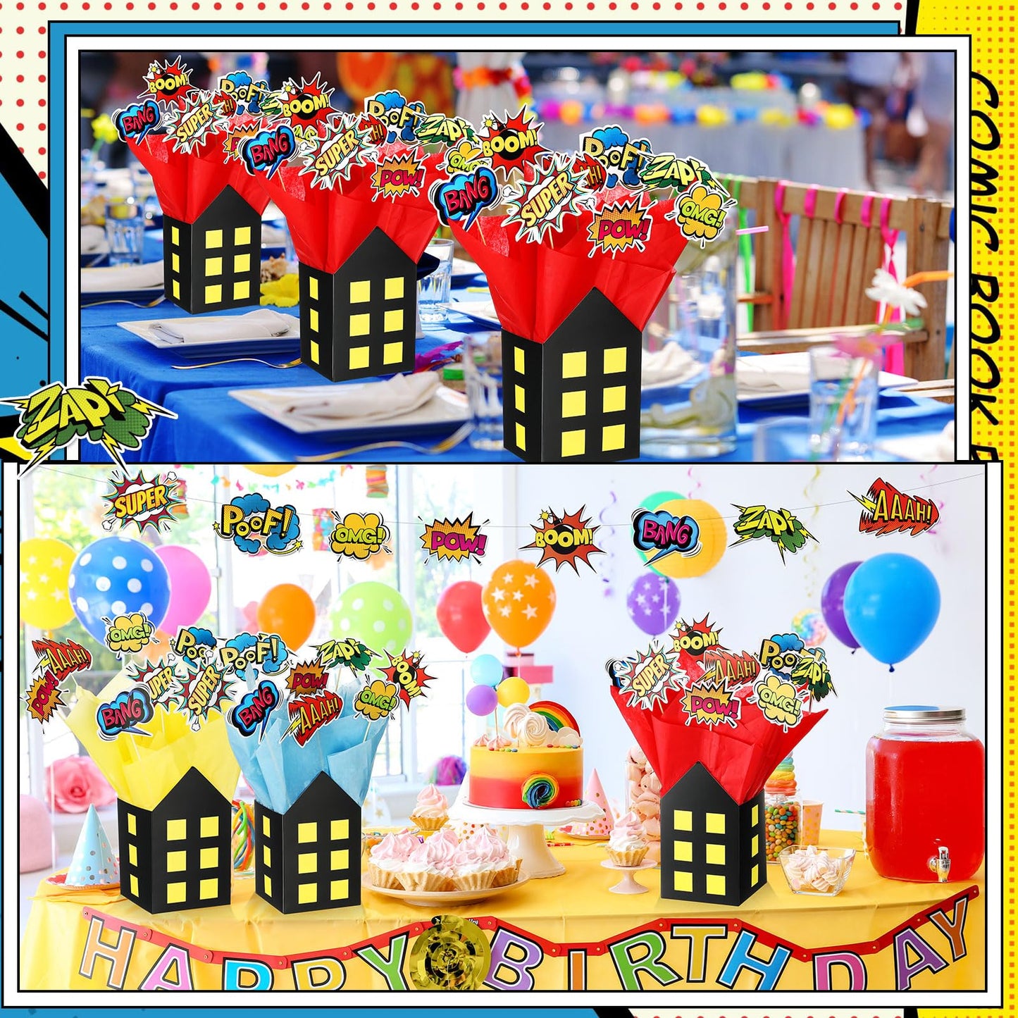 Soulchen 12 Sets Hero Themed Party Centerpieces Decorations Hero Action Sign Table Toppers with City Box Circus Sound Effect Cut