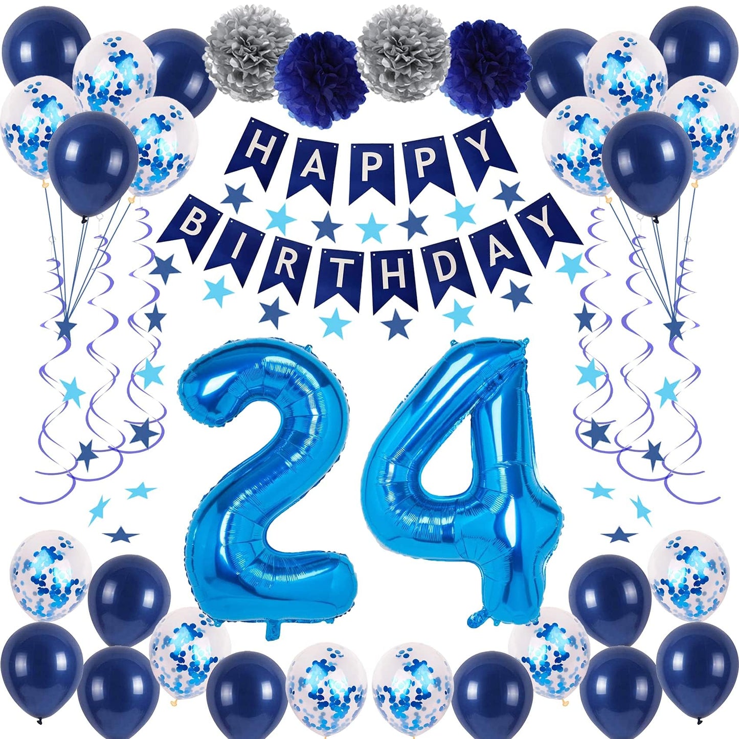 Naninuneno 24Th Blue Birthday Party Decorations For Boy Girl Men Women, Happy 24 Birthday Balloons Supplies With Happy Birthday