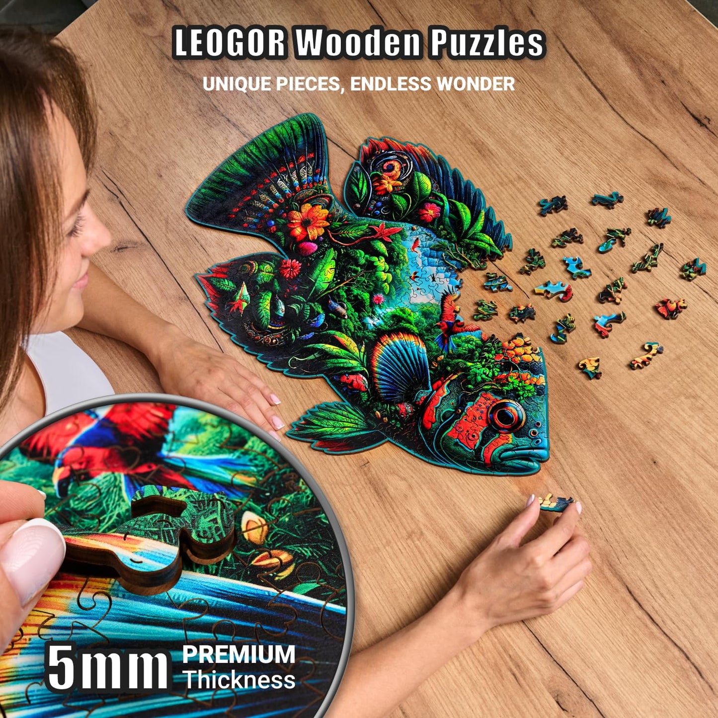 Fish Fantasia - 350 Piece Wooden Puzzles for mature-themeds - 21.2 x 12.7 in - Extra-Thick 5 mm Wood Puzzle  Hand-Shaped Pieces  Marine Life Mosaic Design - enhanced Gift for Puzzle Lovers by LEOGOR