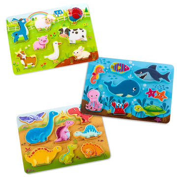 B. Toys- Peek & Explore 3-Pack - Farm, Sea, Dinos- Chunky Puzzle 3-Pack – Wooden Puzzles- 8 Pieces Each – 2 Years +