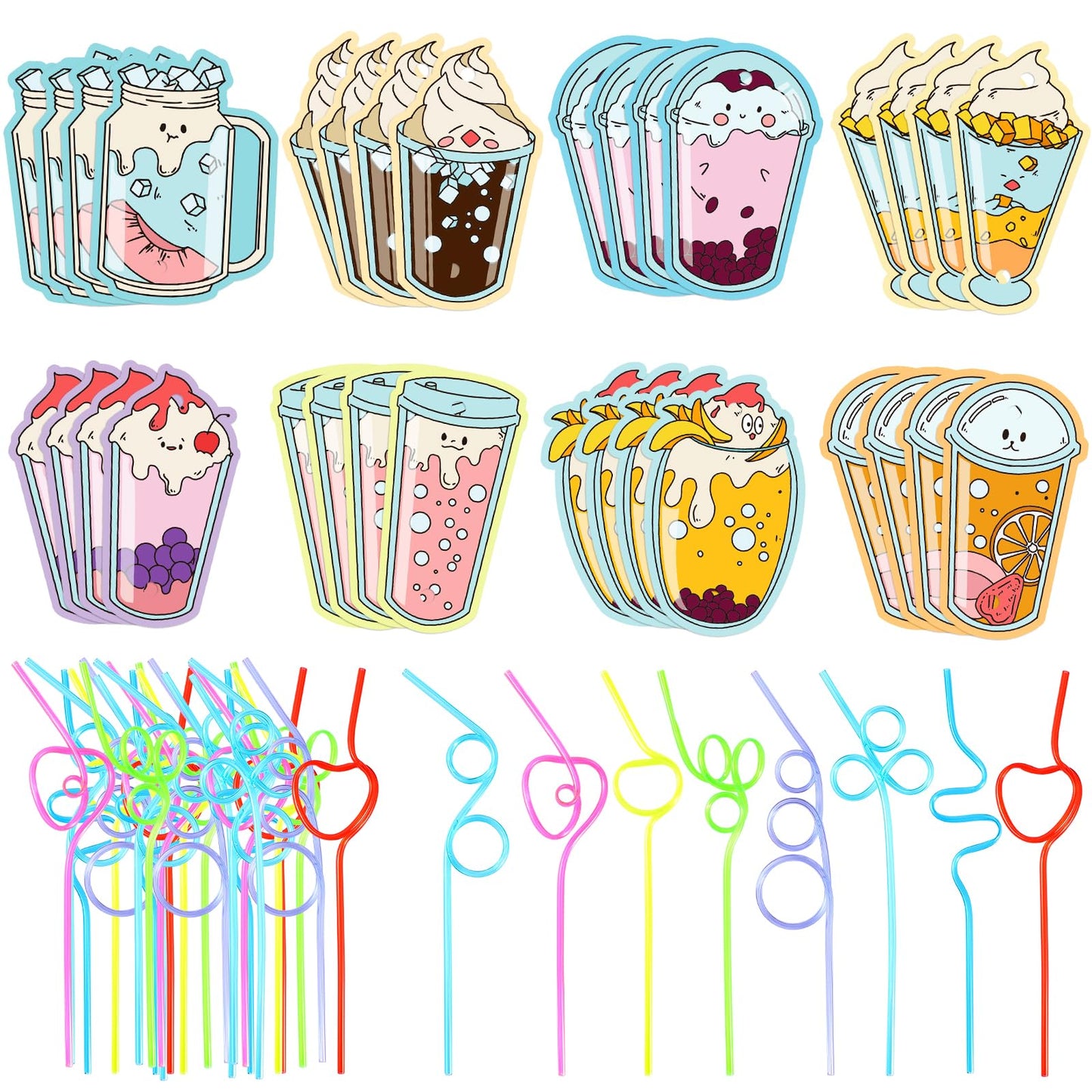 AOJOYS Valentines Day Cards for Kids 32 Pack - 32 Colorful Valentine Gift Cards + 32 Lovely Loops Reusable Drinking Straws for C