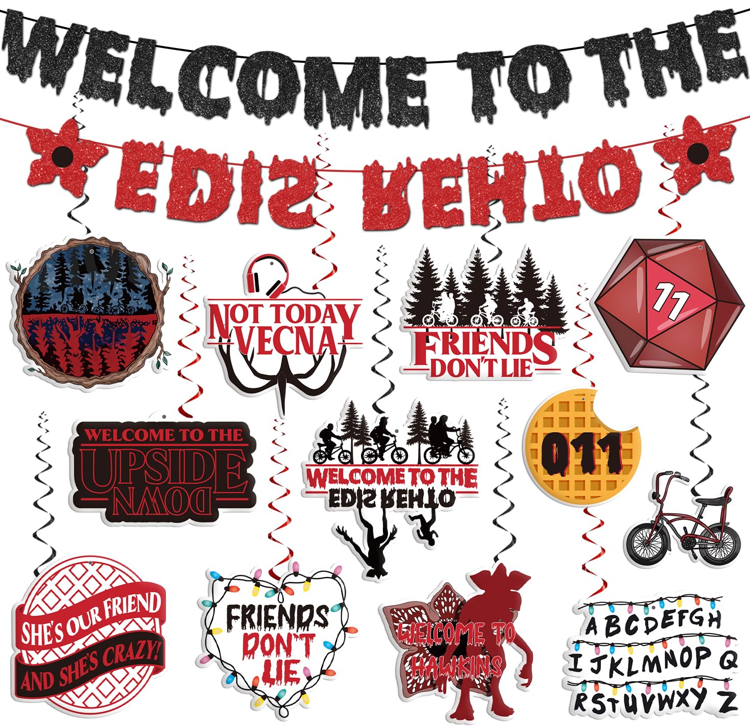 Stranger Birthday Party Decorations Glitter Welcome to The Other Side Banner and Hanging Swirls Set Horror Birthday Decorations 