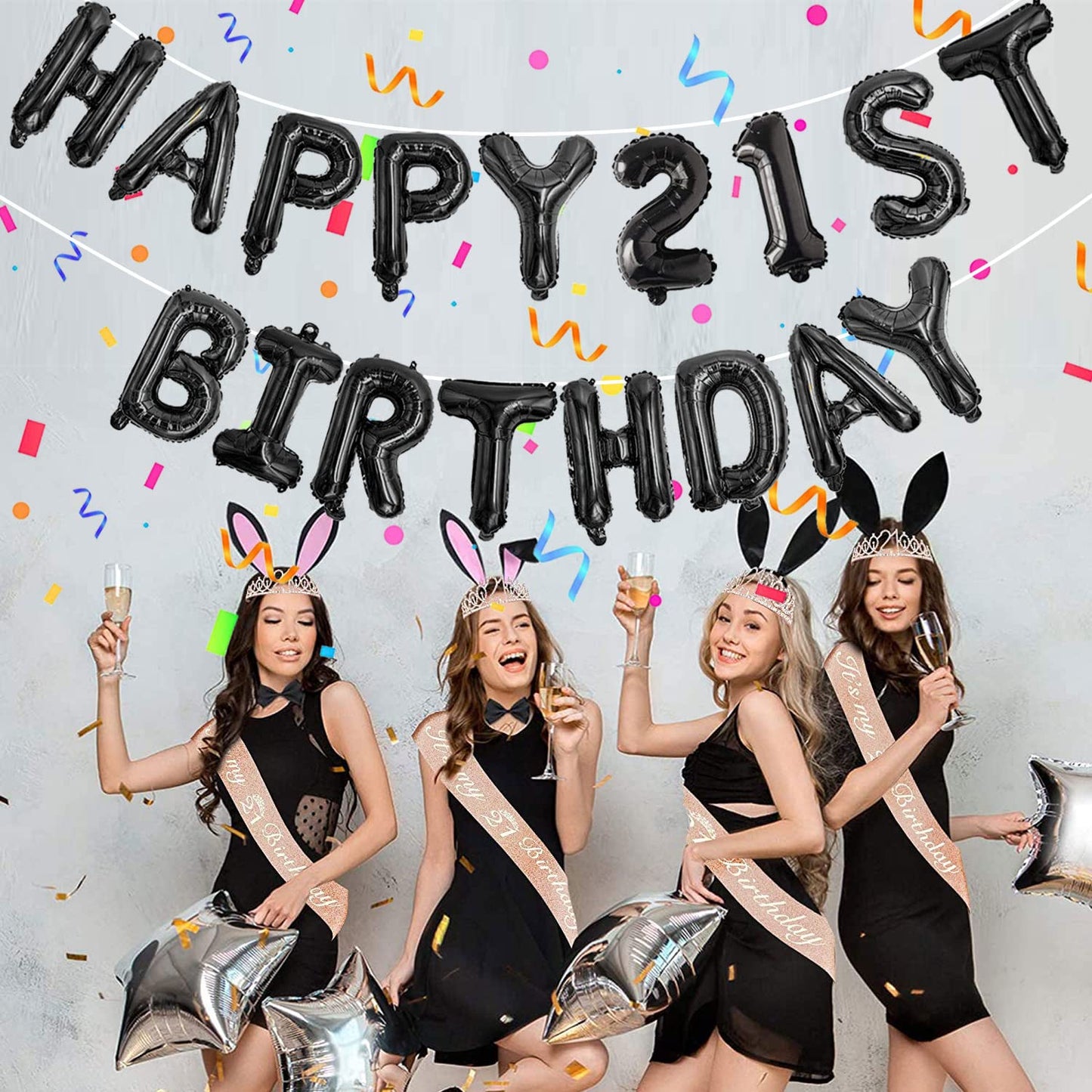 76Pcs Happy Birthday Balloon Banner, Black Balloons Letters, Personalized 16'' Mylar Foil Birthday Decorations Includes 2 Sets A