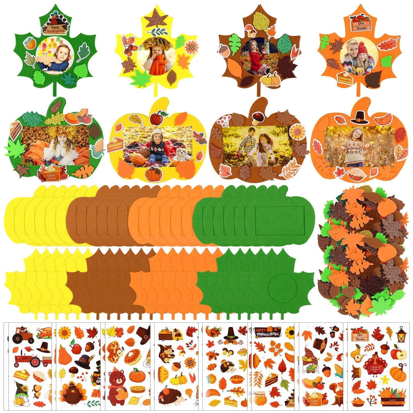 Beupy 420 Pcs Thanksgiving Felt DIY Fall Picture Frames Craft Kit Autumn Pumpkin Maple Leaves Photo Frames with Fall Leaves Pump