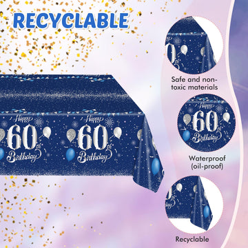 Blue 60Th Birthday Decorations For Men Navy Blue Silver Happy 60Th Birthday Tableware Set Include Happy 60Th Birthday Plates Nap