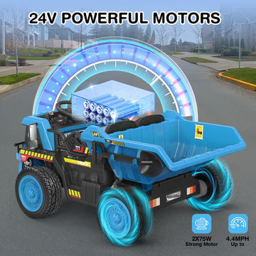 Anpabo 24V Ride On Dump Truck, 2X75W Powerful Motors, Up To 4.4Mph, Eva Tires, Construction Vehicle W/Electric Dump Bed And Extra Shovel, 19' Spacious Seat, Kids Car W/Parent Remote -Blue