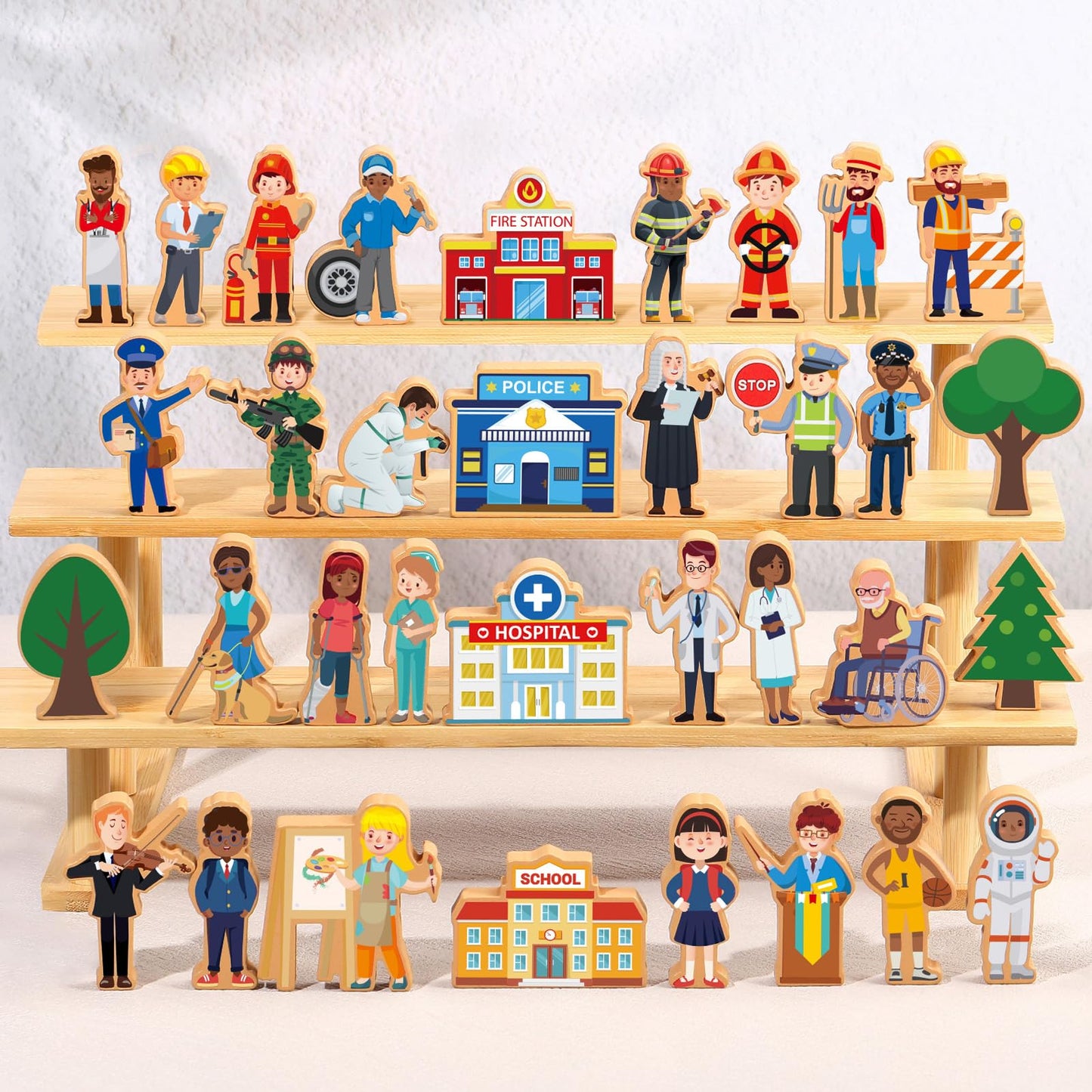 Blosssound 40 Pcs Wooden Community Helpers for Kids Little Occupations Figures Play Toys Wooden Blocks Multicultural Career Pres
