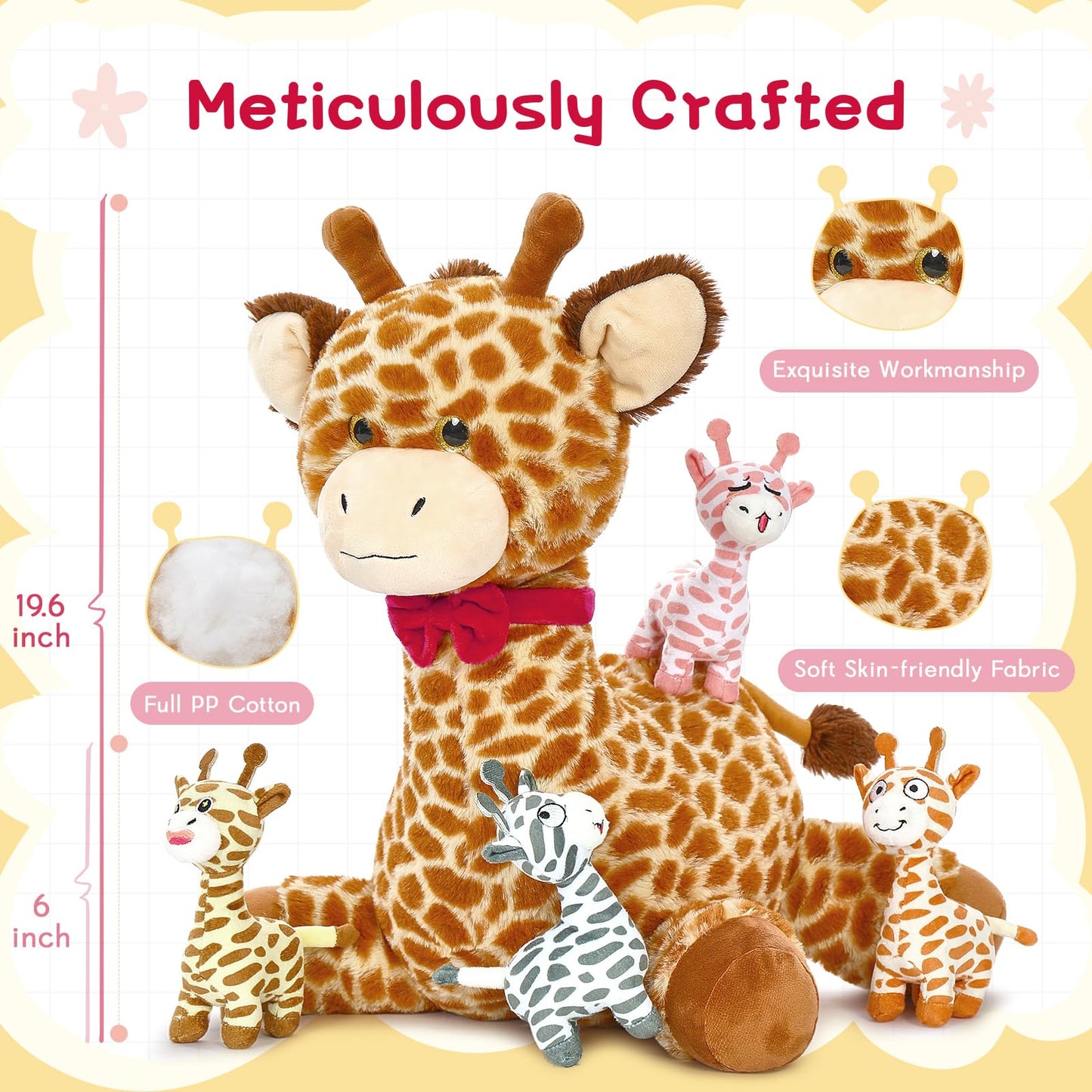 Tezituor Giraffe Stuffed Animal With 4 Babies,19.7'' Giant Giraffe Plush Soft Toy Cute Baby Giraffe Plushies Valentines Gifts Fo