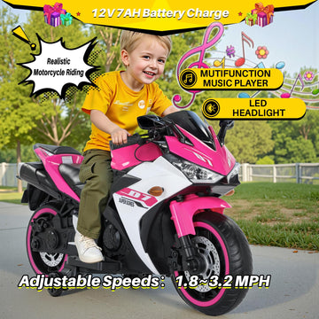 Blitzshark 12V Electric Motorcycle  Kids Motorcycle with Training Wheel  7AH Battery Ride On Motorbike for Kids  3.2 MPH Max Speed  Twist Grip Throttle  Soft Tires  Extra Long Seat  Pink and White