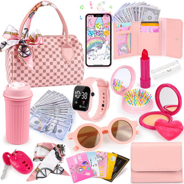 Oisacirg Play Purse For Little Girls, 32Pcs Toddler Purse With Pretend Makeup For Kids, Princess Toys Includes Handbag, Phone, W