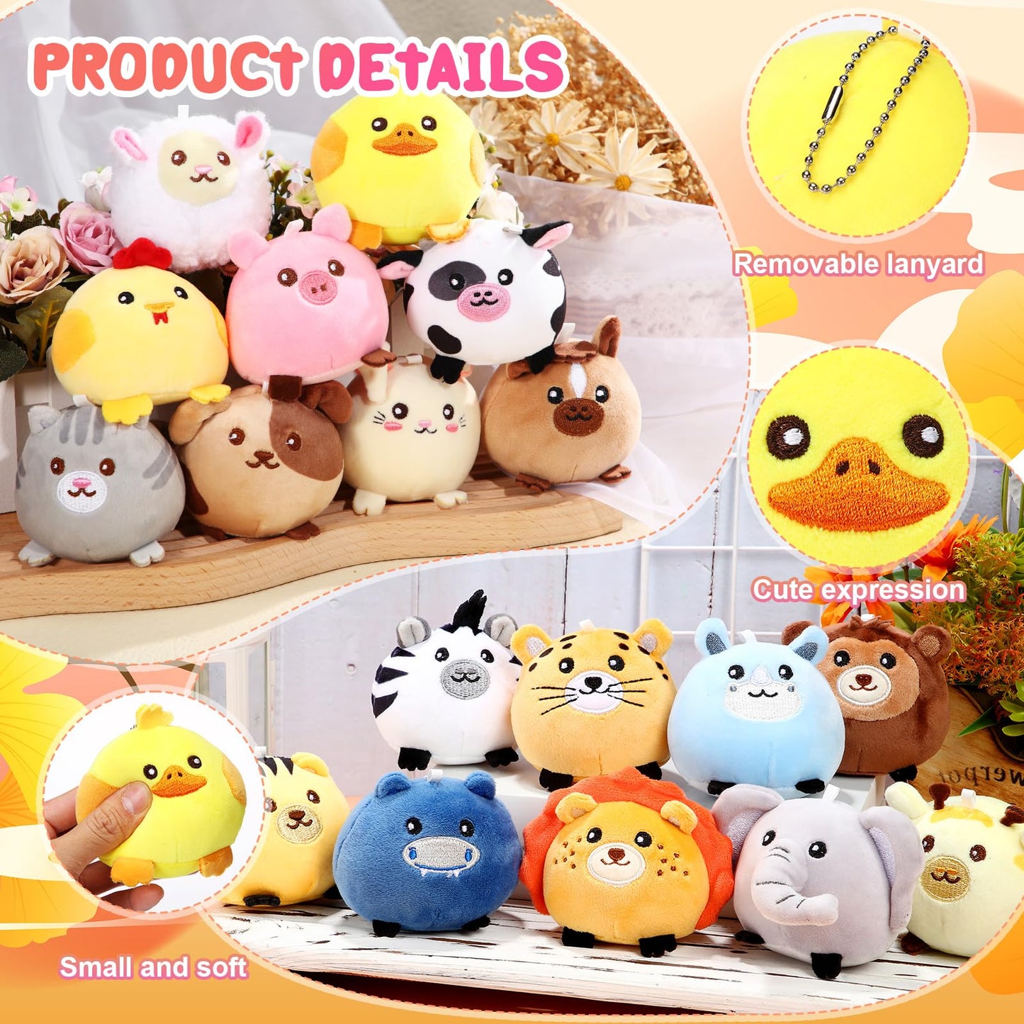 Halloscume 18 Pcs Mini Stuffed Animals Bulk 3.15 Inch Small Plush Forest Farm Jungle Animal Toys Keychains Set For Birthday Gift