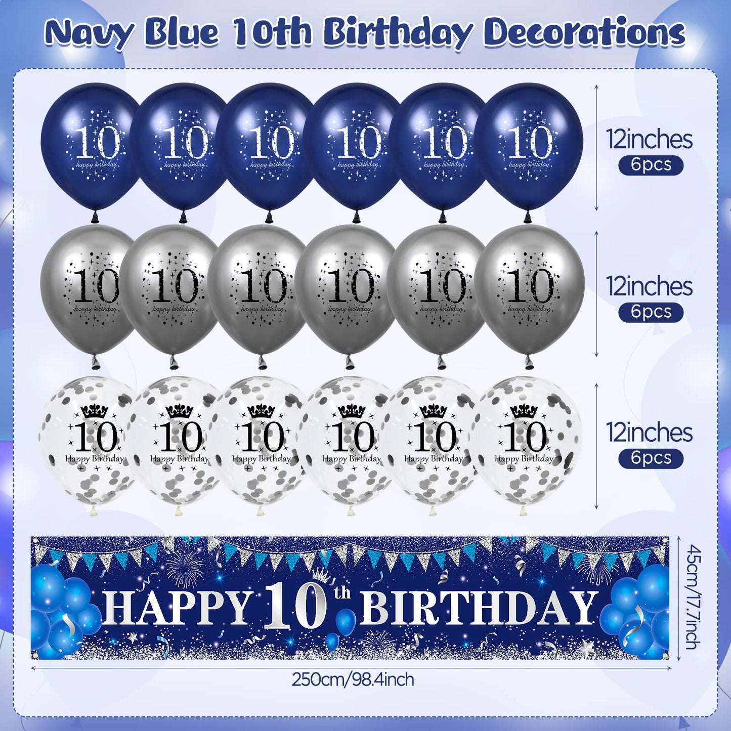Blue 10Th Birthday Decorations For Boys Girls, Navy Blue Silver Happy 10Th Birthday Banner And 10Th Birthday Balloons For 10Th Birthday Anniversary Party Supplies, Tenth Year Old Party Decorations