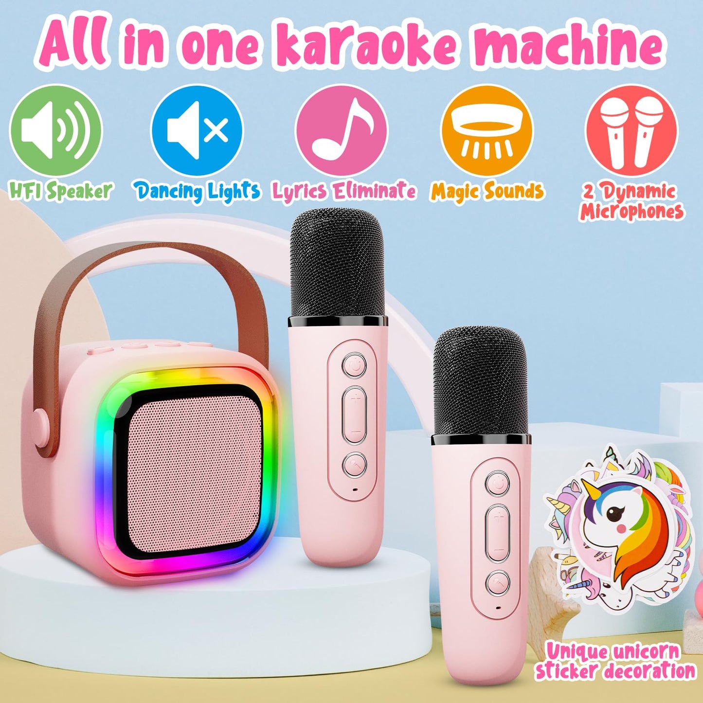 Just4Fun Karaoke Machine For Kids, Portable Karaoke Machine With 2 Microphone Wireless, Family Party Game Toys For Ages 3 4 5 6 7 8 9 10 11 12 Year Old Toddler Boys Girls Kid Christmas Birthday Gifts