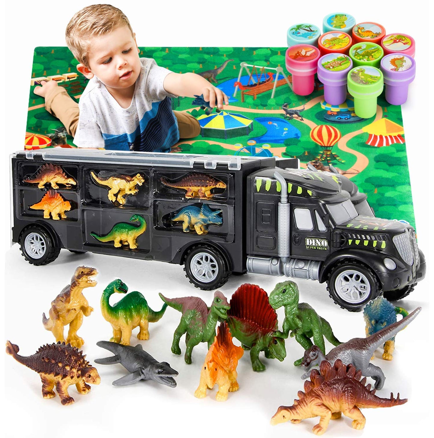 Mobius Toys Dinosaur Truck Carrier - Dinosaurs Playset With 12 Toy Action Figures - World Dino Toy Set With Xl Playmat For Toddlers Boys Or Girls, 3 To 7 Years Old