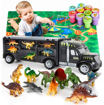 Mobius Toys Dinosaur Truck Carrier - Dinosaurs Playset With 12 Toy Action Figures - World Dino Toy Set With Xl Playmat For Toddlers Boys Or Girls, 3 To 7 Years Old