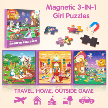 SYNARRY Princess Fairy Party Magnetic Puzzles for Toddlers 3-5 Girls, 36 Pieces Travel Puzzles for Kids Ages 4-6, Airplane Car R