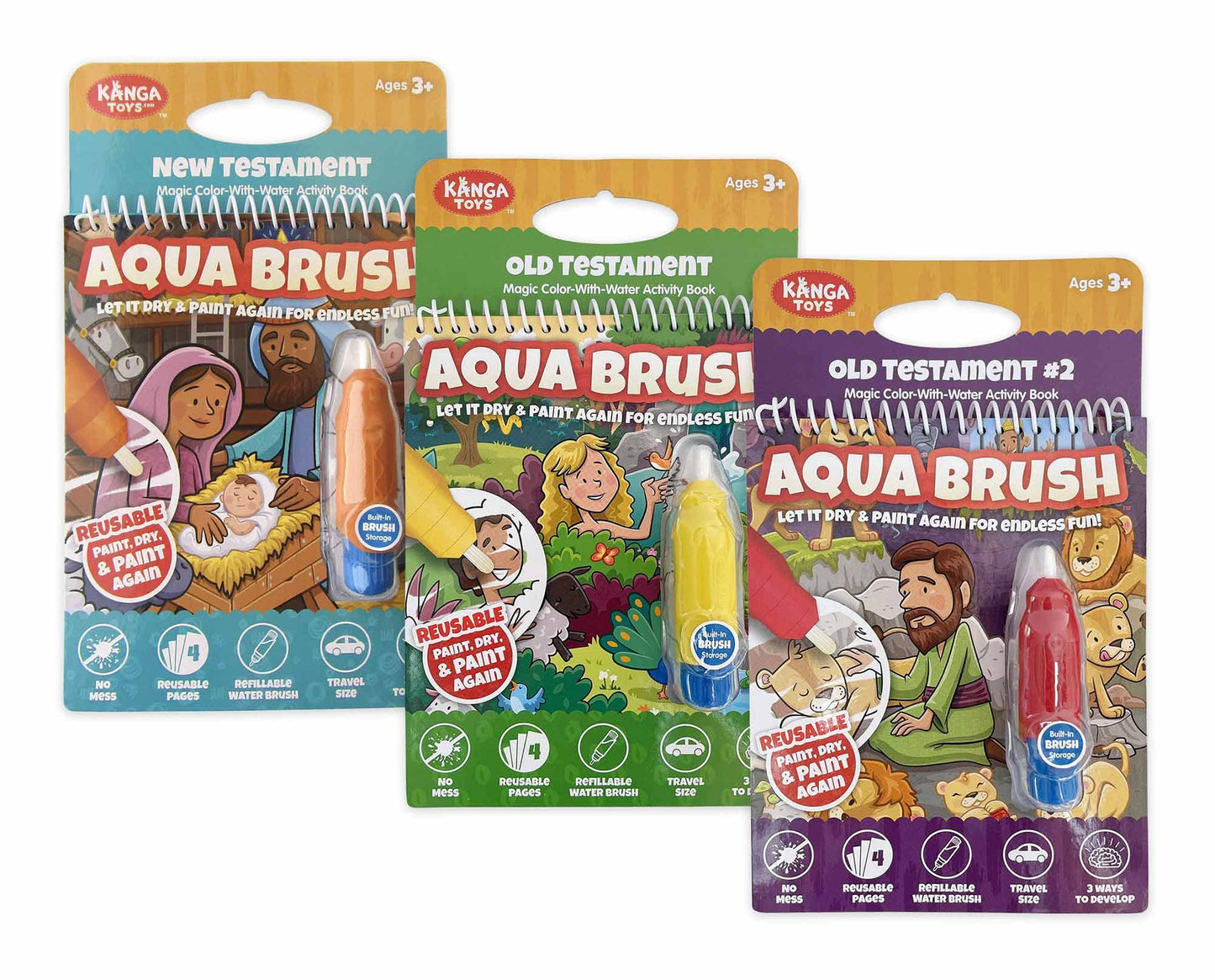 Kanga Toys 3 Pack Of Bible Aqua Brush Activity Books For Kids Ages 3+: Old Testament #1, Old Testament #2, And New Testament Set