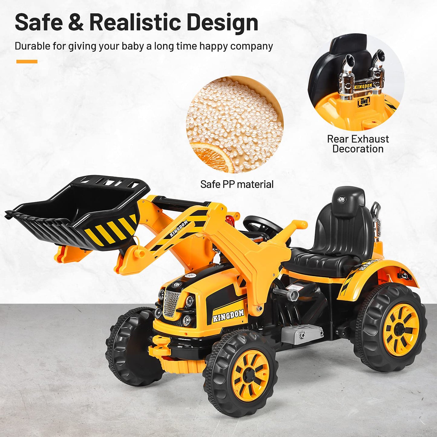 Honey Joy Ride On Excavator, 12V Battery Powered Construction Vehicles For Kids, Front Loader Shovel W/Horn, 2 Speeds, Forward/Backward, Safety Belt, Kids Bulldozer For Boys Girls(Yellow)