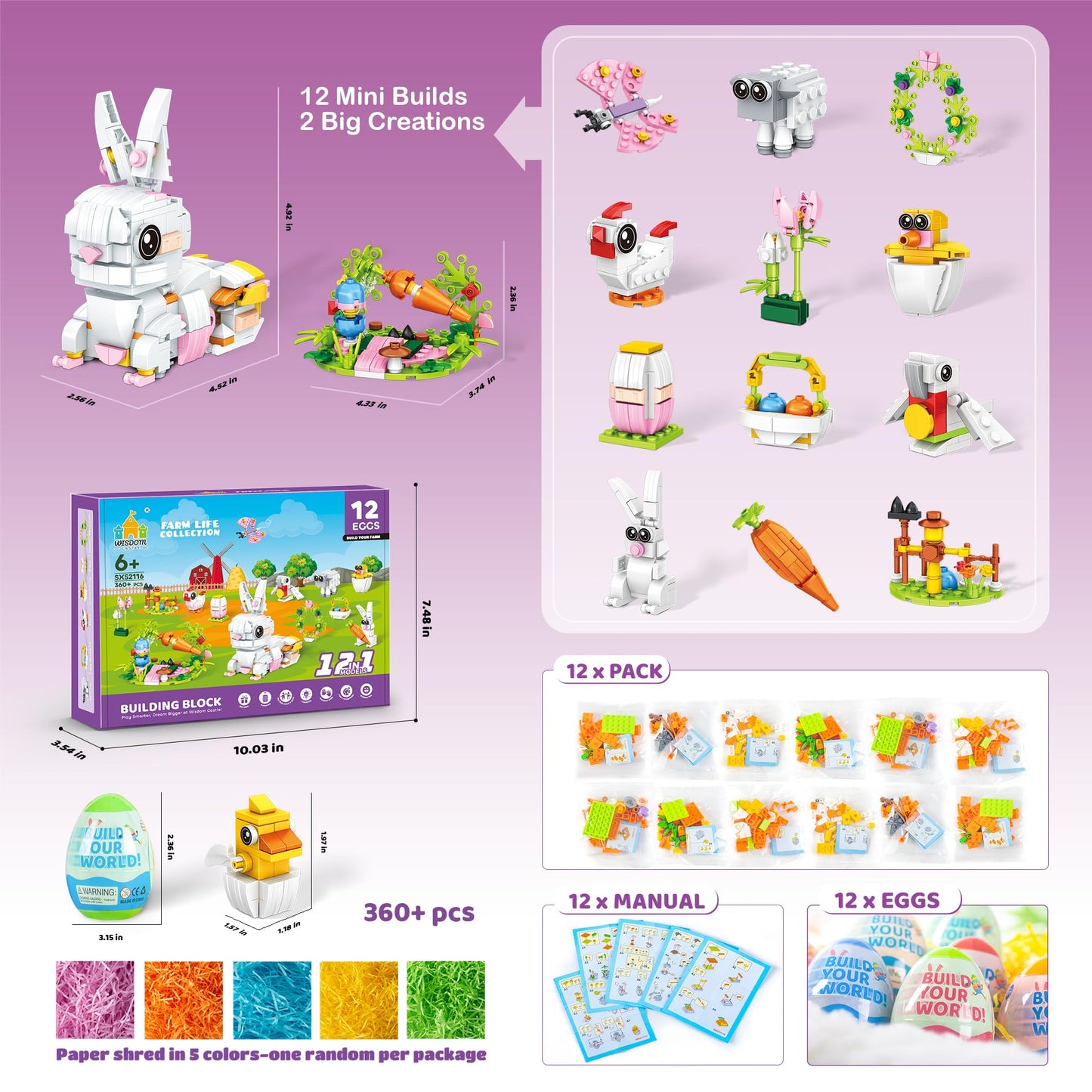 Easter Bunny Building Toy Set, Easter Gifts For Kids - 12-In-1 Rabbit Building Block With Prefilled Eggs, Includes Chick, Sheep,