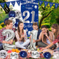 21St Birthday Decorations For Him, Blue Silver Happy 21St Birthday Decorations For Men Boys Door Banner, 32'' Number 21 Foil Bal