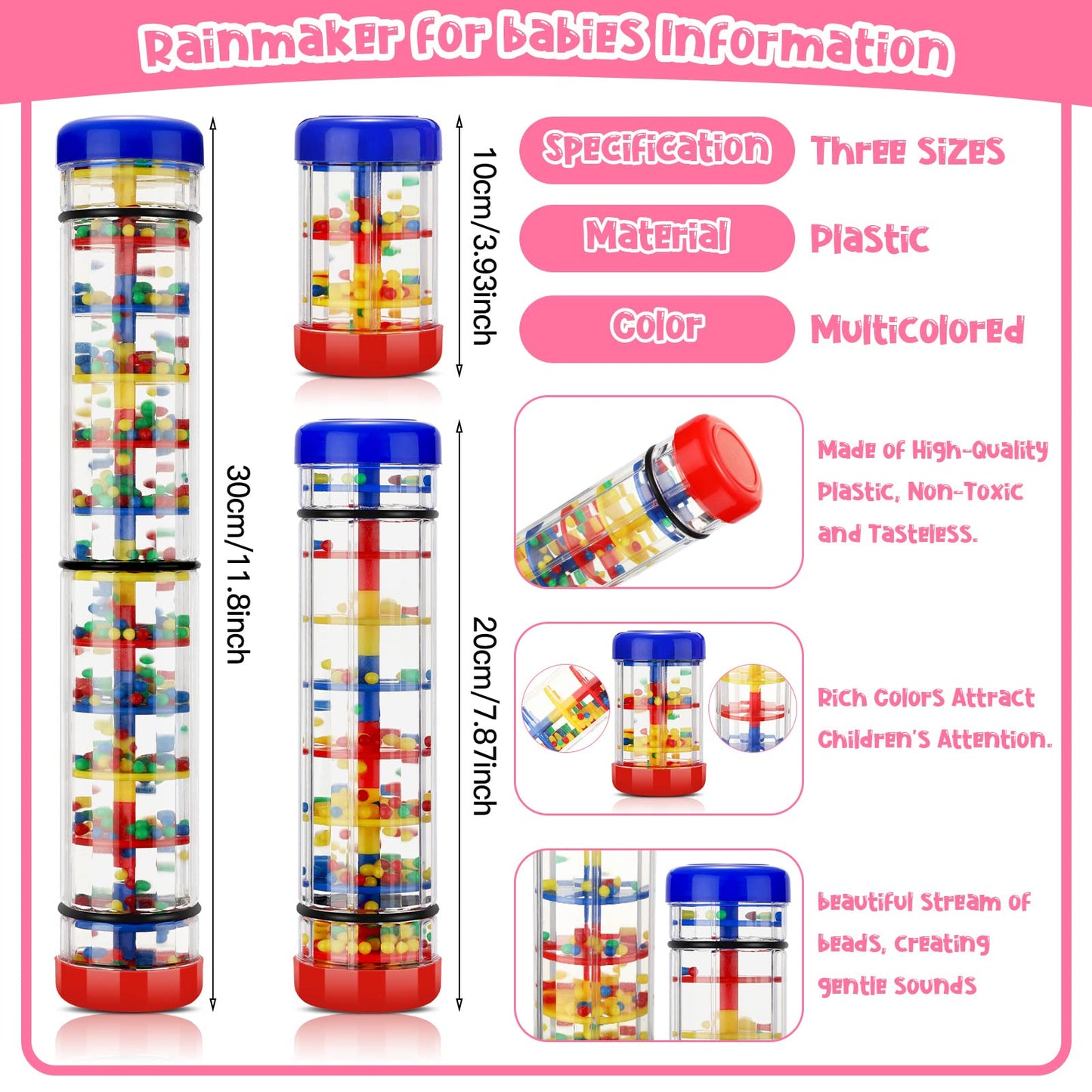 Leitee 3 Pieces Rainmaker Rain Stick for Baby Shaker Sensory Auditory Musical Instrument Rattle Tube Plastic Toy for Boys and Gi