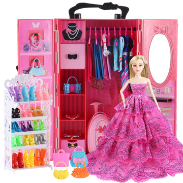 Vueos 106Pcs Doll Clothes And Accessories Closet Wardrobe Playset For 11.5 Inch Girl Dolls Including Wardrobe, Shoes Rack ,Suitc