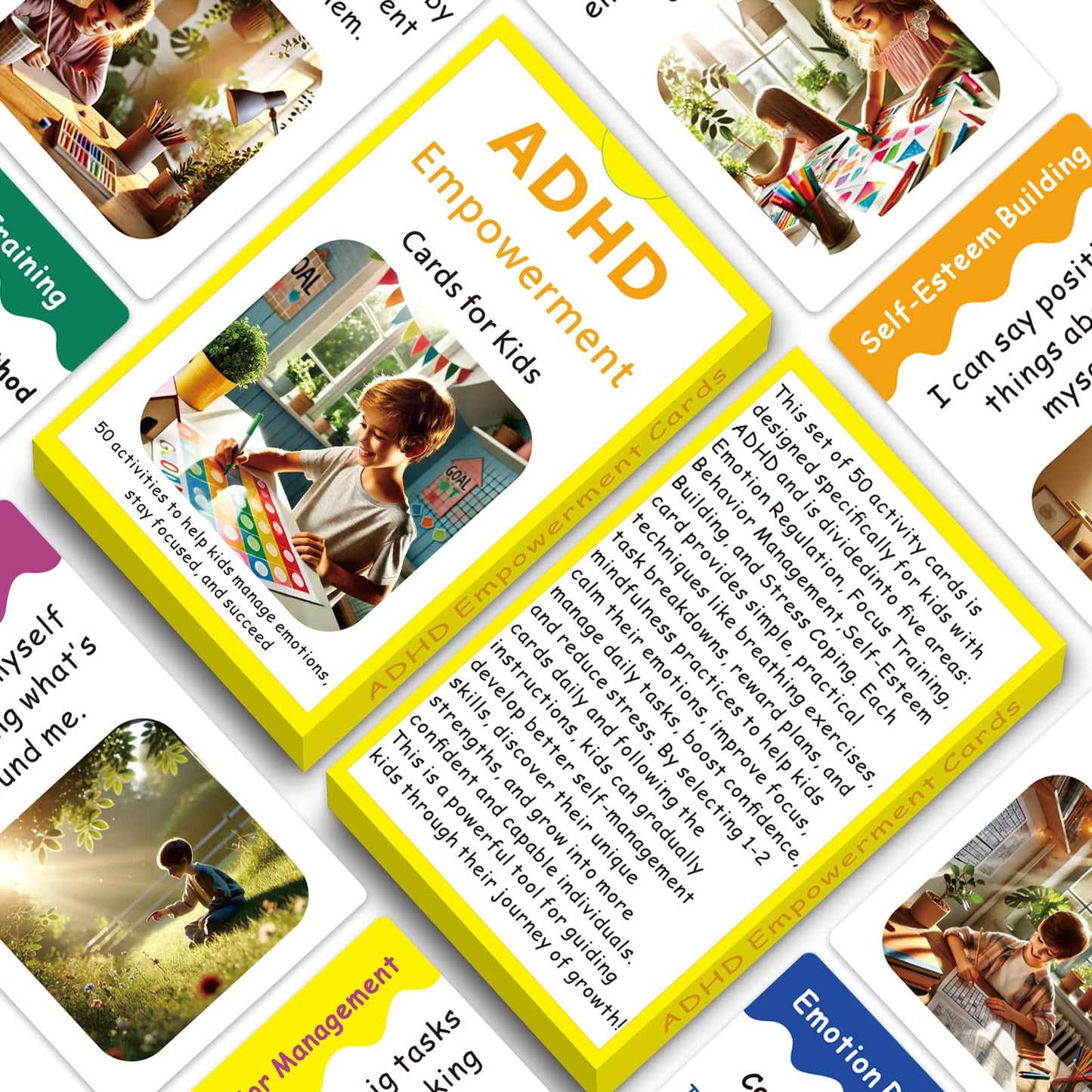 Uflognirz 50 Thriving with ADHD Cards for Kids, ADHD Tools for Kids, Anger Management, Fun Activities to Help Children Self-Regu