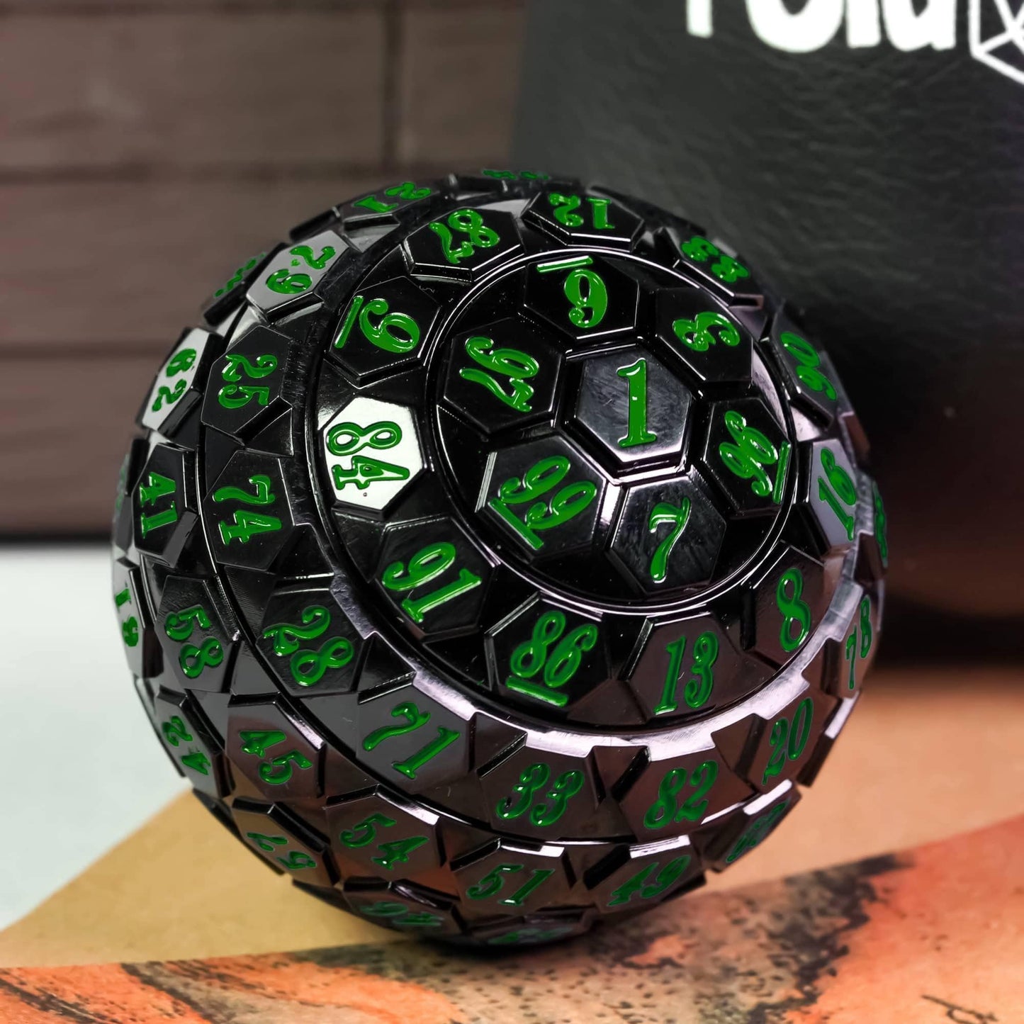 Poludie 100 Sided Polyhedral Dice, Single D100 Game Dice, 100 Sided Cube with Black Pouch, D100 die 48 mm (Black with Green Numb