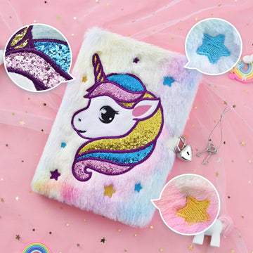 Plush Unicorn Diary - Girls Diary With Lock Notebook Journal For Kids Birthday Christmas Valentine Gift Embroidery Fluzzy Travel School A5 Secret Diary Writing Drawing Notepad With Locks And Keys