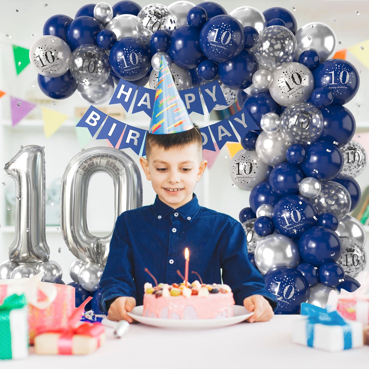 10Th Birthday Decorations Navy Blue Silver,10Th Birthday Balloon Garland Party Decorations With Number 10 Foil Balloons,Happy Bi