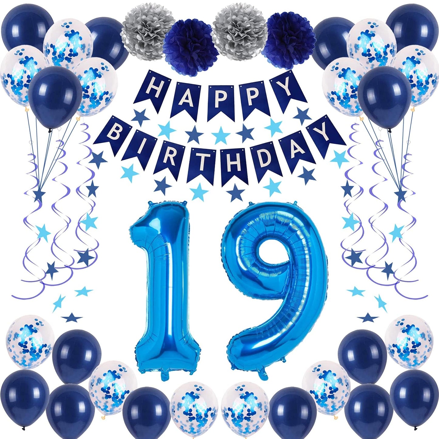 Naninuneno 19Th Blue Birthday Party Decorations For Boy Girl Men Women, Happy 19 Birthday Balloons Supplies With Happy Birthday