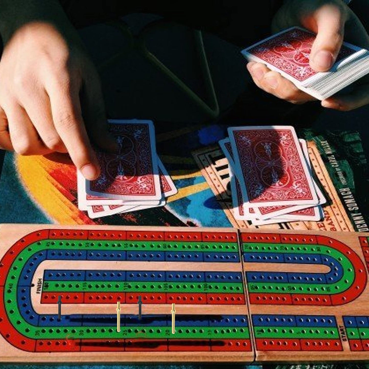 Funpeny Traditional Wooden Cribbage Board Game Set, 3-Track Color Coded With Metal Pegs And Deck Of Playing Cards