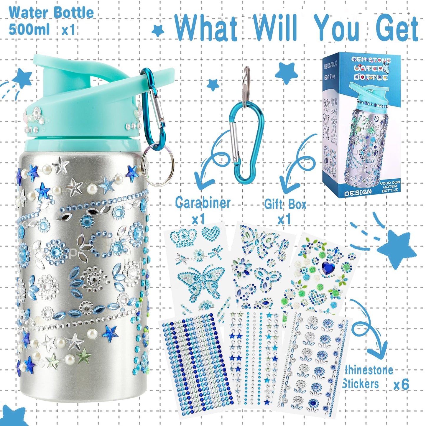 Gift For Girls, Decorate Your Own Water Bottles With Gem Art Stickers, Stickers For Water Bottles, Art Kits For Kids 9-12 Girls,