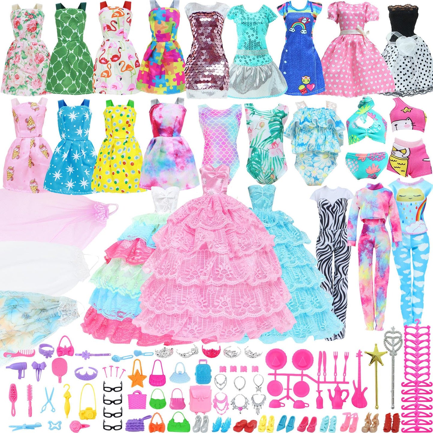 Bjdbus 110 Pcs Doll Wardrobe With Clothes And Accessories, Closet Set For 11.5 Inch Girl Doll Storage Wedding Gown Fashion Dresses Skirts Tops Pants Outfits Bikini Swimsuits Hangers Shoes Other Stuff