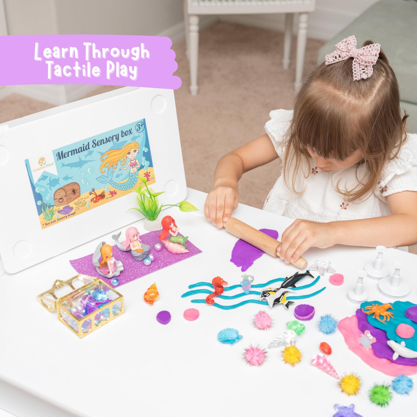 Mermaid Playdough Sensory Kit for Kids with 3 Jars of Non-Toxic Play Dough, Reusable Sensory Bin for Toddlers with Sea Animals,